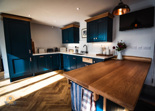 Inflame Hague Blue shaker Kitchen and bespoke joinery