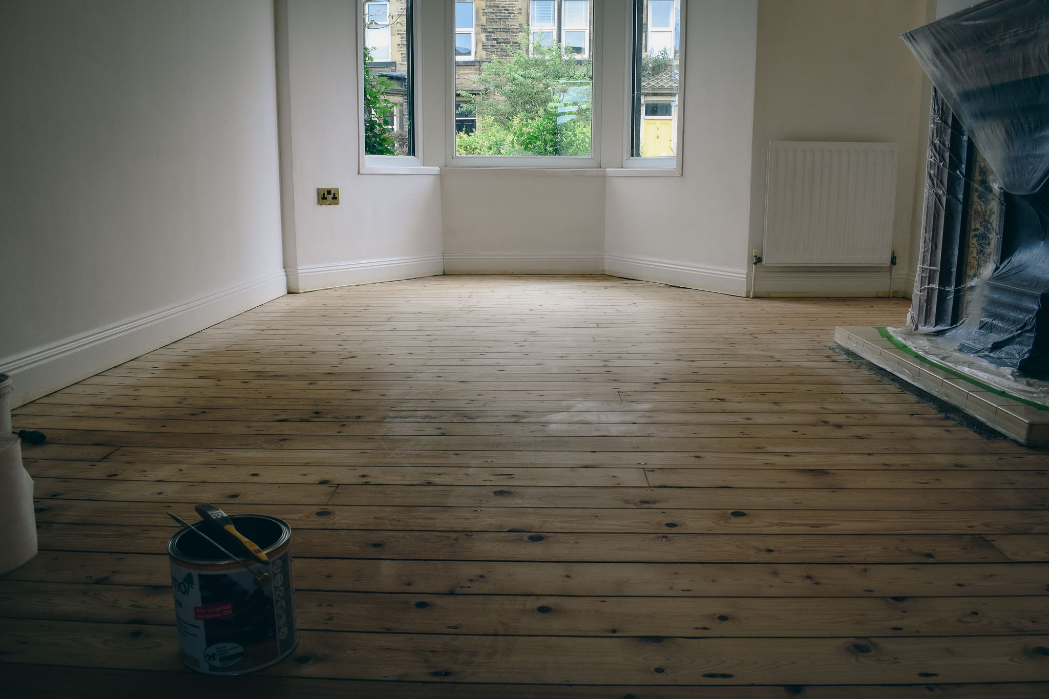 Wood floor sanding and property renovation. Freshly sanded floor finished with hard wax oil