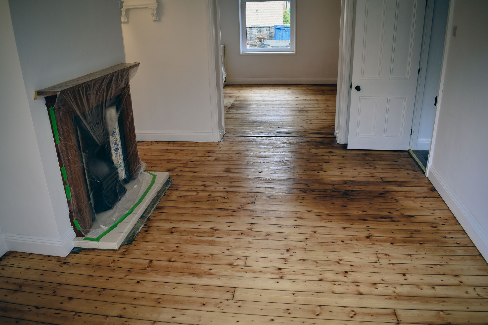 Wood floor sanding and property renovation. Freshly sanded floor finished with hard wax oil